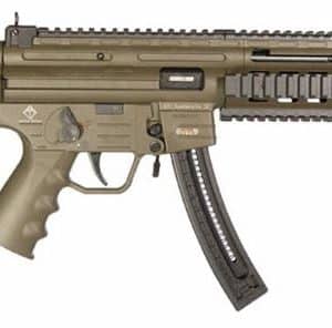 Tan-and-black modern assault rifle with suppressor, folding stock, and Picatinny rails on top and sides.