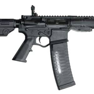 Black modern tactical rifle with collapsible stock, quad-rail handguard, and curved magazine.