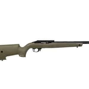 Bolt-action hunting rifle with tan speckled stock and black barrel, shown in side profile
