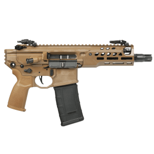 Tan-colored semi-automatic rifle with a long rail system and black detachable magazine, shown on a white background.