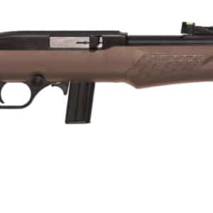 Brown bolt-action rifle with a long black barrel and textured brown stock, shown from side against a white background.