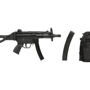Black assault rifle with a detached magazine beside a black tactical backpack on a white background, laid out horizontally.