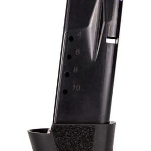 Close-up of a black firearm magazine with a blue follower, showing numbered round-count holes along the side at a slight angle.
