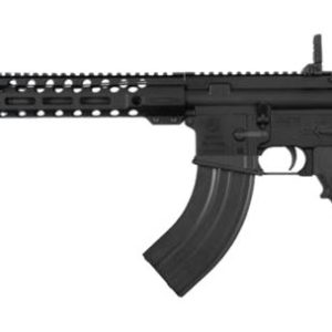 Black AR-style semi-automatic rifle with a long quad-rail handguard, adjustable stock, and curved magazine shown profile view.