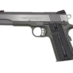Side profile of a silver Colt .45/9mm automatic pistol with a textured grip and beveled slide markings reading 'GOVERNMENT MODEL COLT AUTOMATIC CALIBER 9MM'