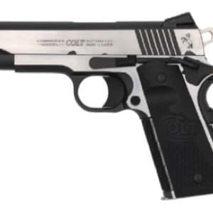 Side view of a silver and black Colt semi-automatic pistol (handgun).