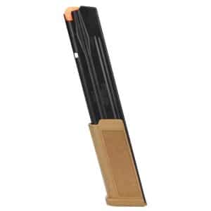 Black handgun magazine with an orange follower visible at the top and a tan baseplate.