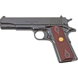 Close-up side view of a Colt Custom semi-automatic pistol with a textured brown grip and engraved slide reading 'COLT CUSTOM'.