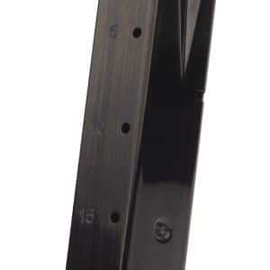 Black metal handgun magazine standing upright with numbered witness marks (5, 10, 15) along its side.