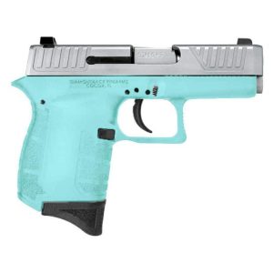 Turquoise polymer-framed semi-automatic pistol with a silver slide, shown in profile.