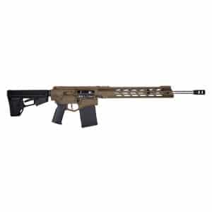 Tan AR-style rifle with black stock and magazine shown from the side, laid horizontally