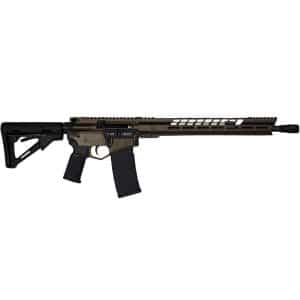Brown finish semi-automatic rifle with collapsible stock and a long handguard, 5.56 NATO markings visible on the receiver