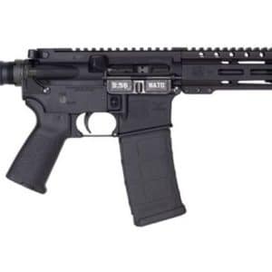 Black semi-automatic rifle with a suppressor, long handguard, and detachable magazine on a white background.