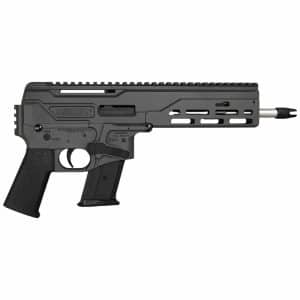 Black tactical rifle with a long Picatinny handguard, pistol grip, and attached magazine shown from the side, in profile.