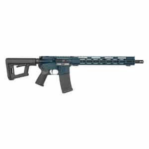 Blue and black AR-style rifle with a collapsible stock and detachable magazine shown horizontally against a white background.