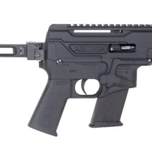 Black AR-style rifle with adjustable stock, pistol grip, and long handguard on a white background.