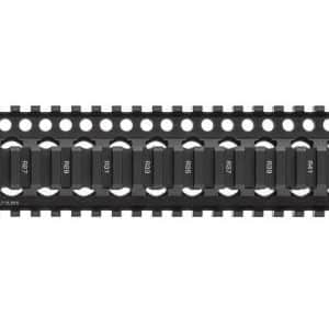Black modular rifle handguard rail with numbered slots and perforated top/bottom rails.