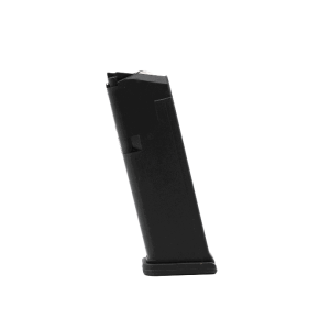Black handgun magazine standing upright with base plate visible