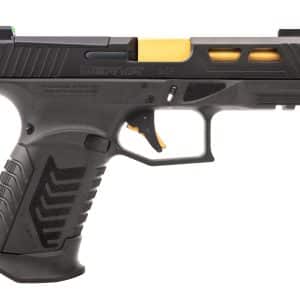 Side view of a black semi-automatic pistol with a gold-toned slide and textured grip, shown from the left.
