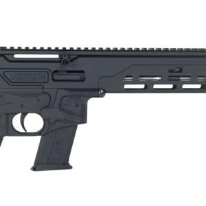 Close-up of a black semi-automatic rifle upper receiver with a long Picatinny rail and handguard details visible on the side.