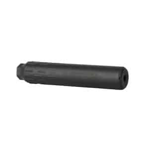 Black cylindrical firearm muzzle device attached to a barrel, featuring grooved/vented surfaces and engraved text