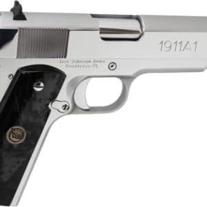 Silver semi-automatic pistol with a black textured grip and engraved markings reading 1911A1, side view in profile