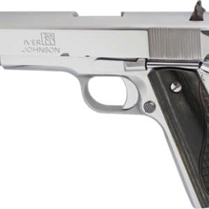 Silver semi-automatic pistol with dark checkered grips, Iver Johnson engraving on the slide against a white background.