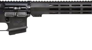 Side profile of a black modern sporting rifle with adjustable stock, pistol grip, and long quad-rail handguard