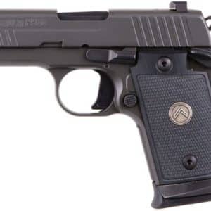 Side view of a SIG Sauer semi-automatic pistol with a textured grip and visible trigger guard (left-facing).