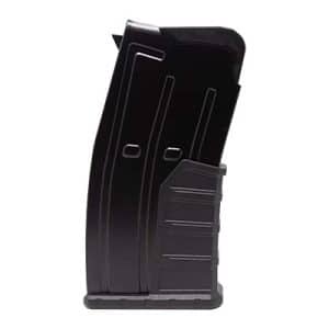 Black curved rifle magazine standing upright against a white background