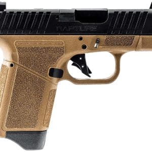 Side view of a tan and black semi-automatic handgun with textured grip and trigger guard