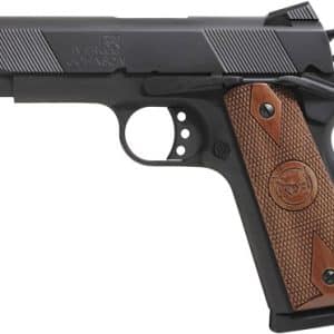 Side view of a black semi-automatic pistol with a brown checkered grip.