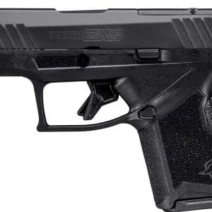 Side profile of a black Taurus GX4 semi-automatic pistol with textured grip and trigger guard detail