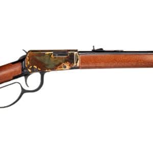 Lever-action rifle with a wooden stock and long metal barrel, shown in profile.