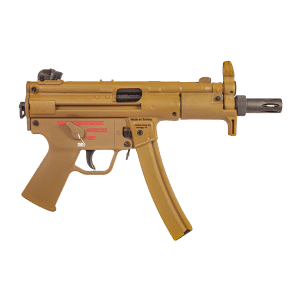 Close-up of a tan assault rifle upper receiver with a front sight and rail, shown from the left side.