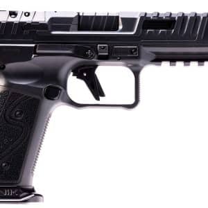 Side profile of a black semi-automatic pistol with textured grip and Picatinny-style rails on the slide and frame reveal, showing safety/trigger area.