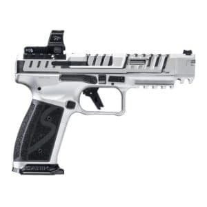 Silver semi-automatic pistol with a black textured grip, accessory rails, and front/back sights