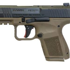Close-up of a tan-and-black handgun showing the grip, trigger and part of the slide with CANIK branding.