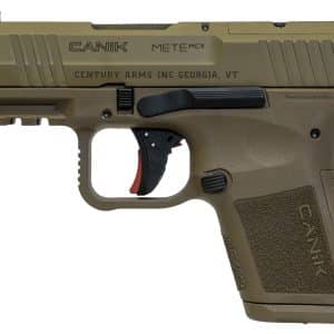 Tan-colored semi-automatic handgun shown in a right-side profile with textured grip and trigger guard visible.
