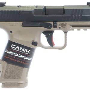 Close-up of a tan/black semi-automatic pistol with textured grip and 'California Compliant' label on the frame grip area.