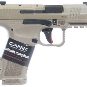 Tan semi-automatic pistol with a black trigger and a visible magazine, labeled 'California Compliant'.