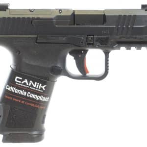 Close-up of a black semi-automatic pistol with a textured grip and exposed magazine base