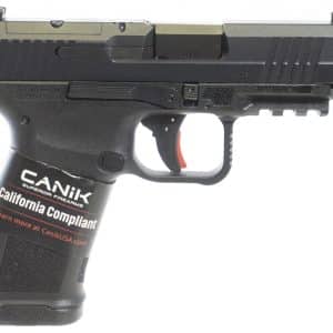 Close-up side view of a black semi-automatic pistol with a textured grip and orange-trigger safety, labeled California Compliant on the grip badge.