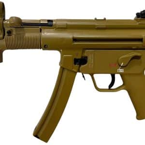 Side view of a tan assault rifle with a curved magazine.