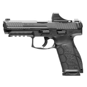 Side view of a black semi-automatic pistol with a mounted red-dot sight and textured grip.