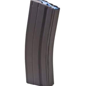 Curved rifle magazine standing upright, black with blue feed lips at the top (ammo magazine)