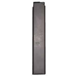 9mm steel handgun magazine seen from the side with '9MM SS' marking on its surface