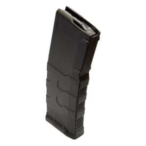 Black polymer magazine standing upright, a detachable firearm ammunition clip likely for a pistol or rifle, with ribbed grip sections on the body.