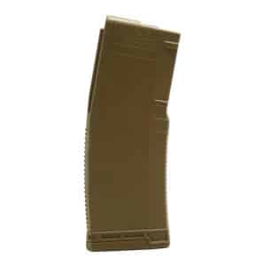 Brown polymer AR-15 style rifle magazine standing upright on a white background