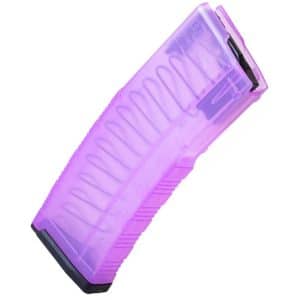 Purple translucent plastic magazine (clip) with a black base, shown at an angle as a toy/airsoft gun part
